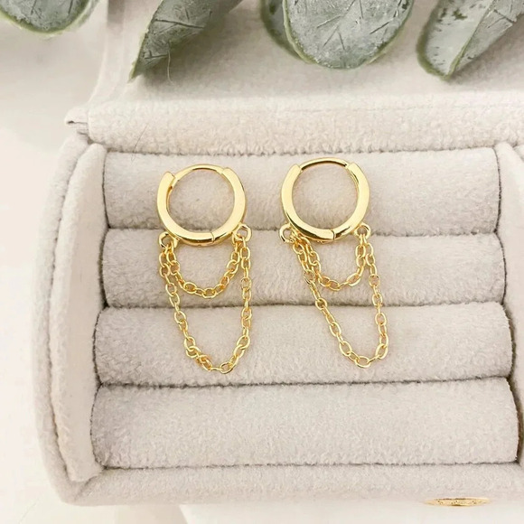 925 Sterling Silver Huggie Earrings Dangle Chain Earrings Small Hoops Huggies - Picture 4 of 7